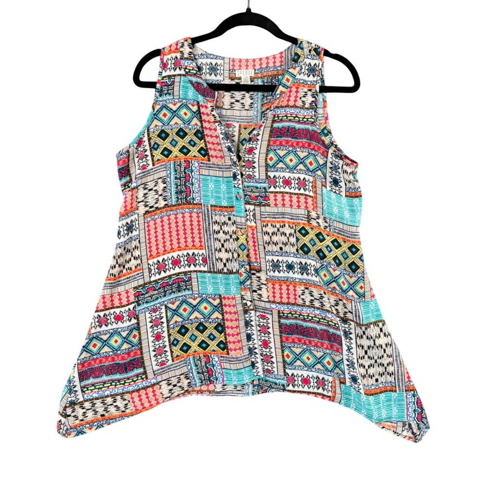 SPENSE Patchwork Geometric Tunic Top Womens M Sleeveless‎ V Neck Boho